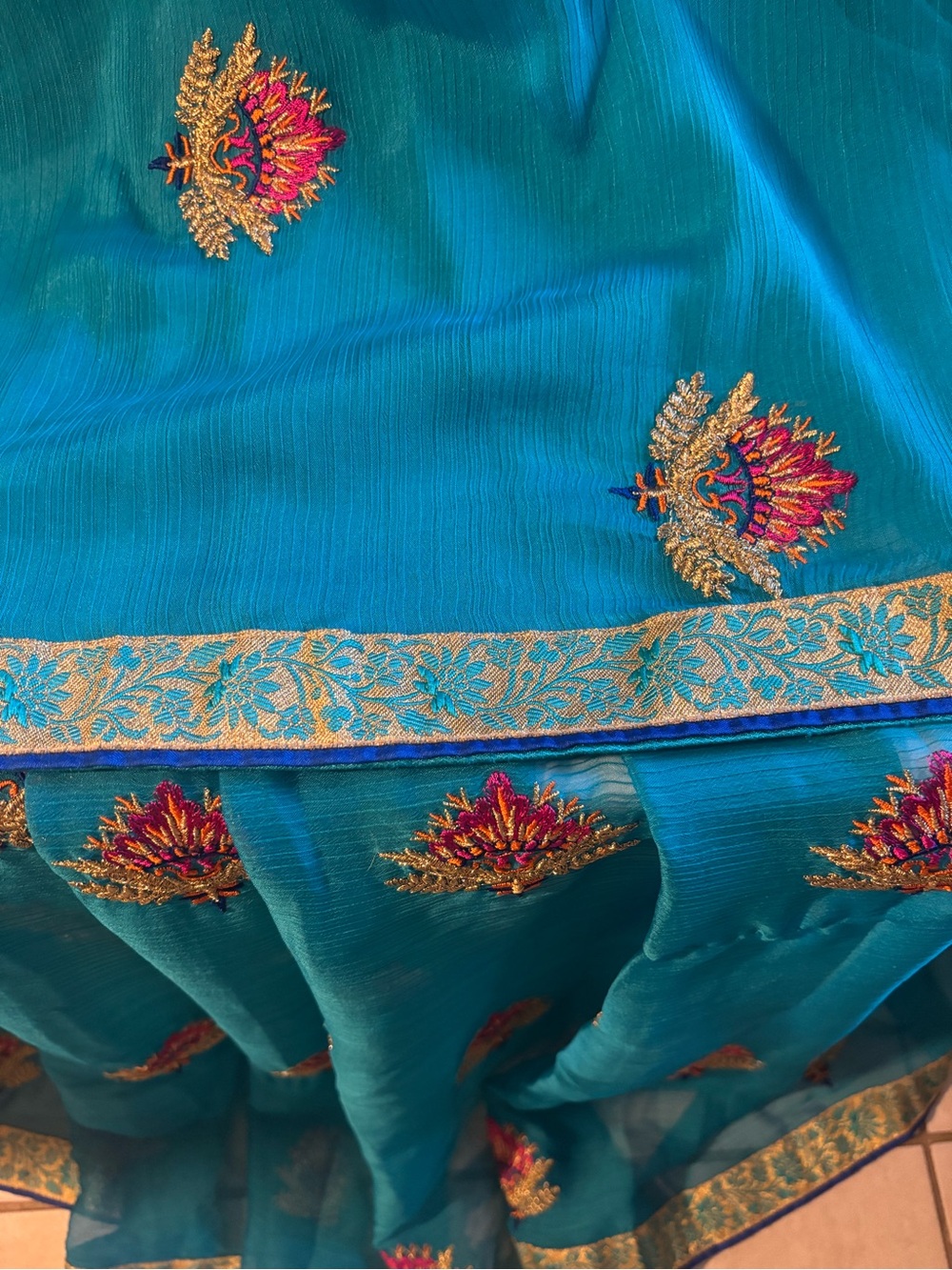 Turquoise Blue Embroidered Women's Saree with Gold Accent - Picture 3 of 5